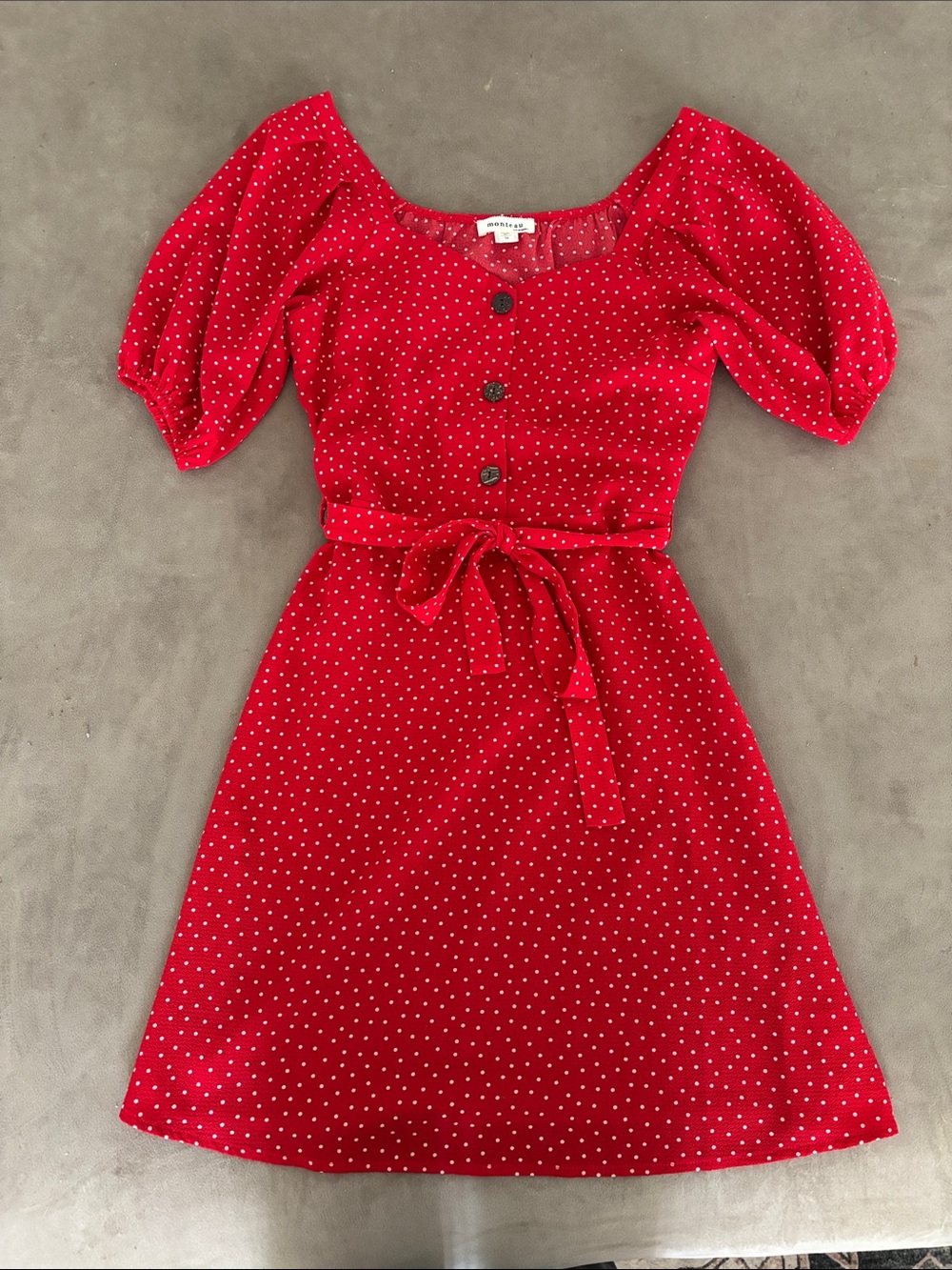 Monteau Red Polka Dot Midi Dress with Puff Sleeves